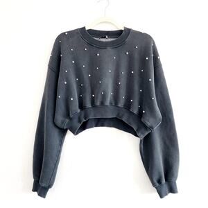 Zara Gray Cropped Jewel Studded Sweatshirt with Rhinestones Size Medium